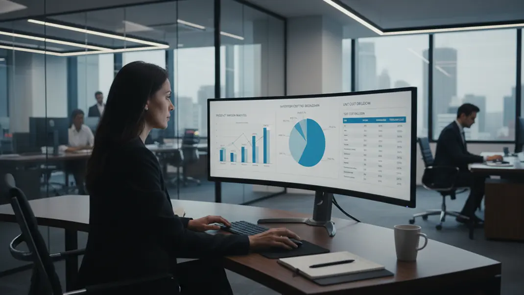Businesswoman analyzing data on computer screen in modern office with charts and graphs visible.