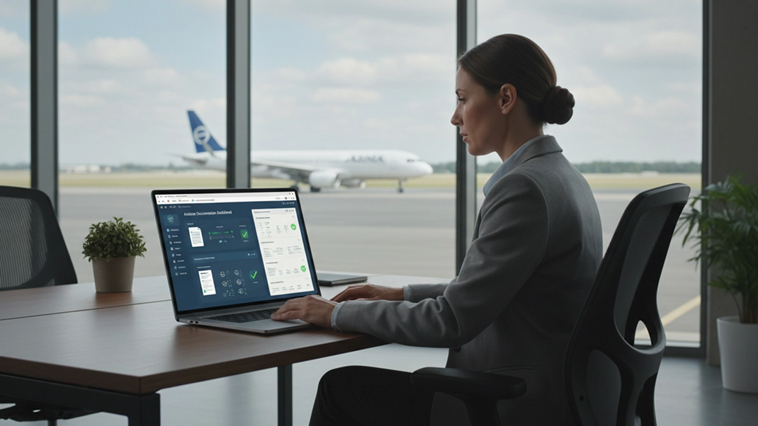 Businesswoman using laptop in airport office with airplane in background.