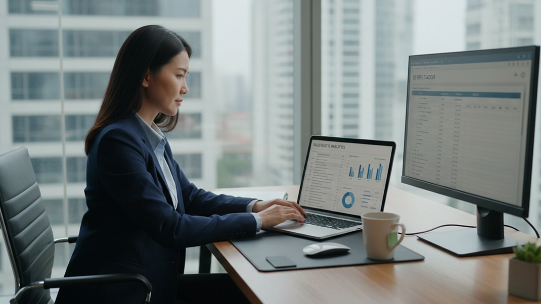 Businesswoman analyzing sales data on laptop and monitor in modern office with cityscape view.