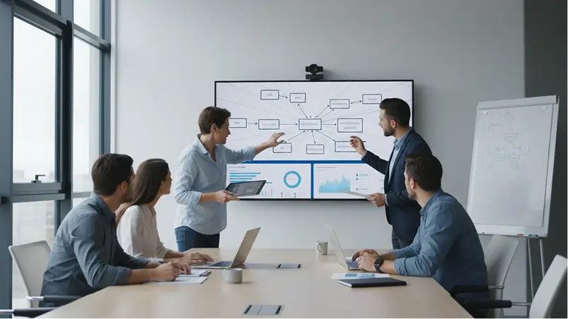 Team collaborating in a modern office, presenting data on a screen during a business meeting.