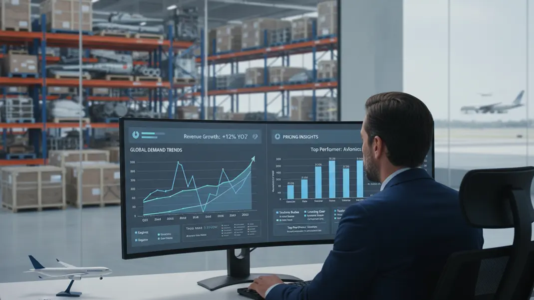 Man analyzing sales data on dual monitors in warehouse with airplane outside window.
