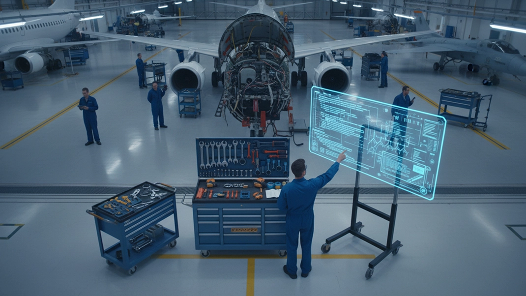 Technician analyzing aircraft schematics on a digital display in a maintenance hangar with tools and equipment.