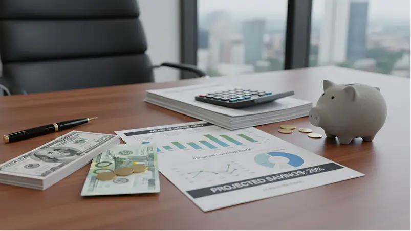 Office desk with financial charts, cash, coins, calculator, piggy bank, and pen, overlooking a cityscape through the window.