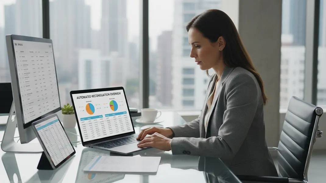 Businesswoman analyzing data on laptop and multiple screens in modern office setting.