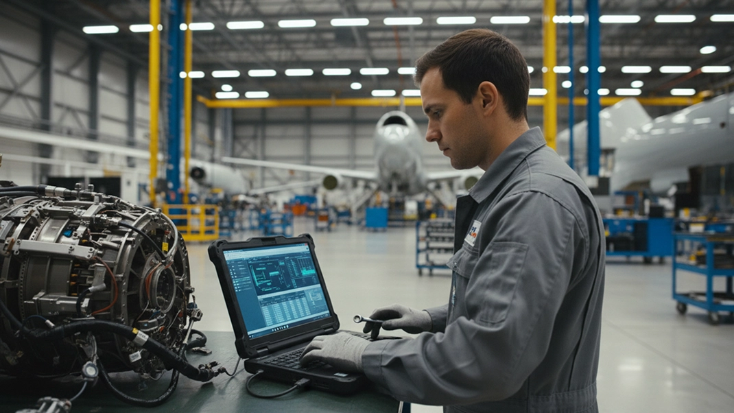 Technician analyzing aircraft engine data on laptop in aviation hangar.
