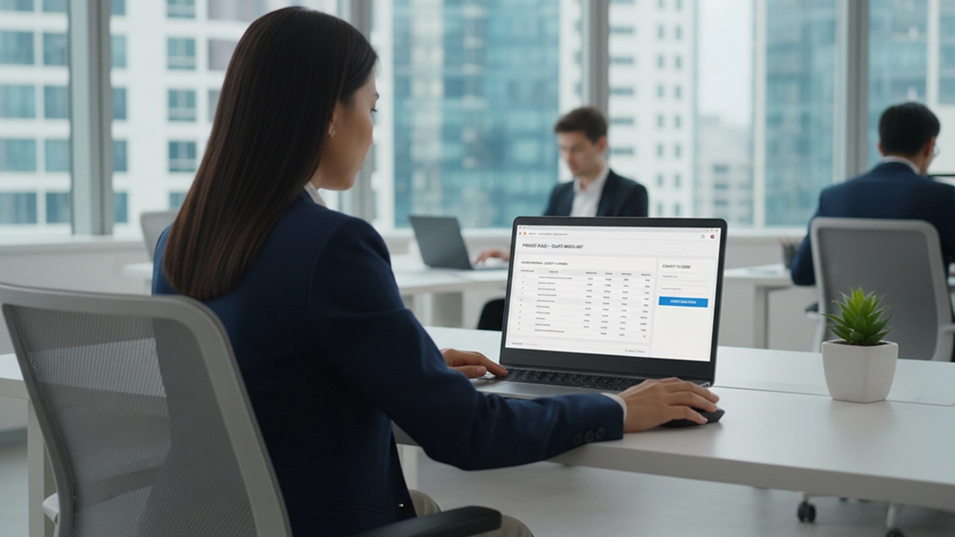 Businesswoman working on a laptop in a modern office, analyzing data on the screen.