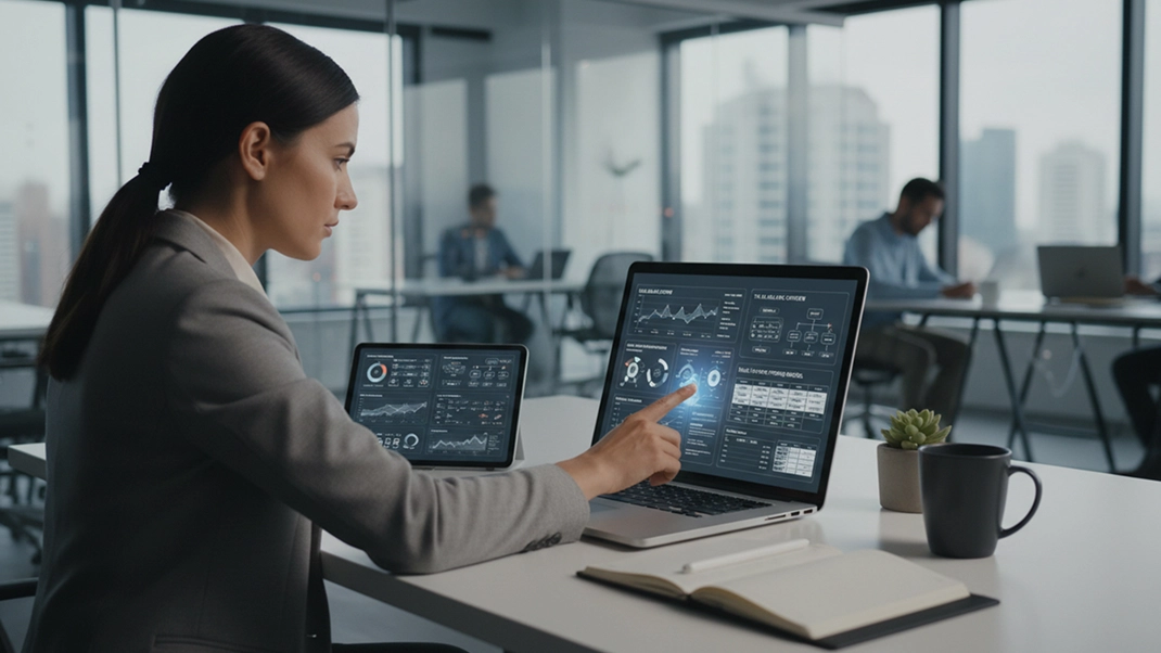 Businesswoman analyzing data on laptop in modern office setting, highlighting finance graphs on screen.