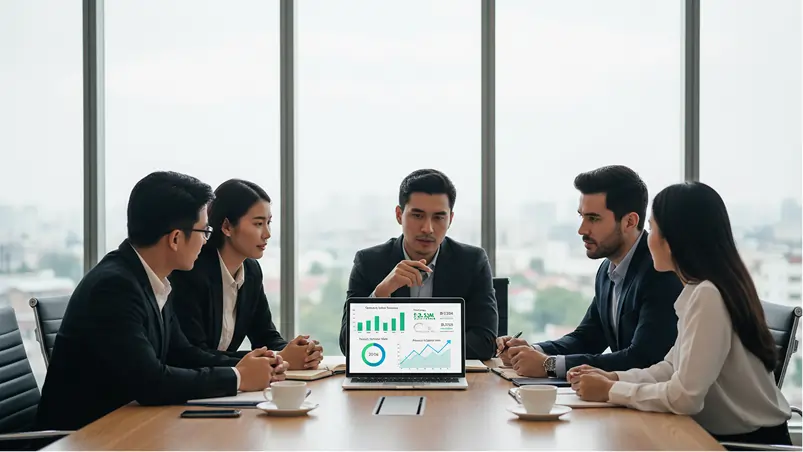 Business team meeting in a conference room with laptop displaying graphs, discussing strategy and growth analysis.