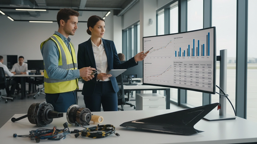 Business professionals analyzing automotive data charts in a modern office setting.