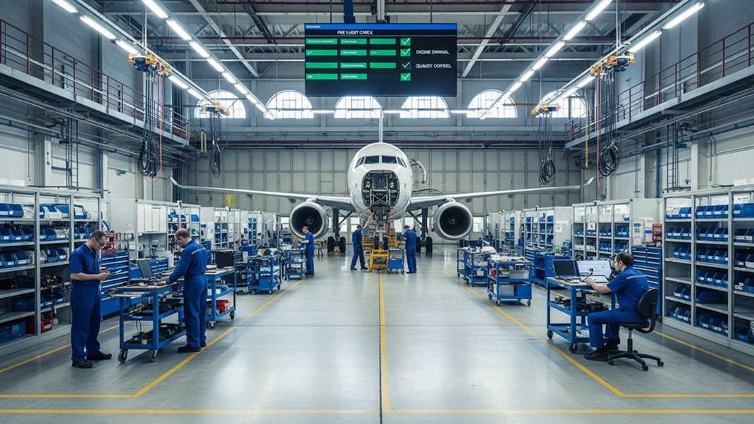 Aircraft maintenance hangar with technicians working on jet engines and parts, ensuring quality and safety compliance.