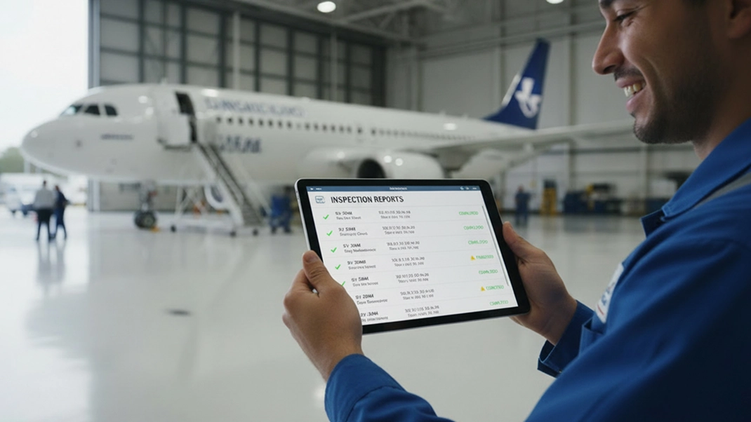 Technician checking aircraft inspection reports on tablet in hangar.