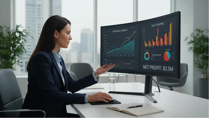 Businesswoman analyzing financial charts on dual monitors in office, discussing revenue growth and cost control strategies.