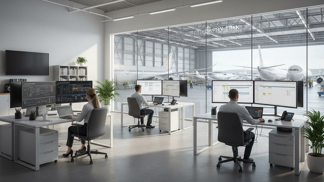 Office overlooking airplane hangar with employees working on computers, managing flight operations and logistics.