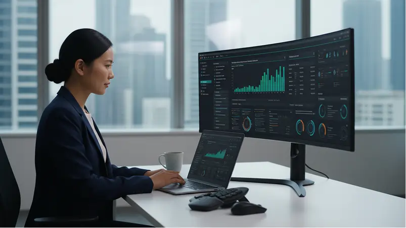 Businesswoman analyzing data on dual monitors in modern office.