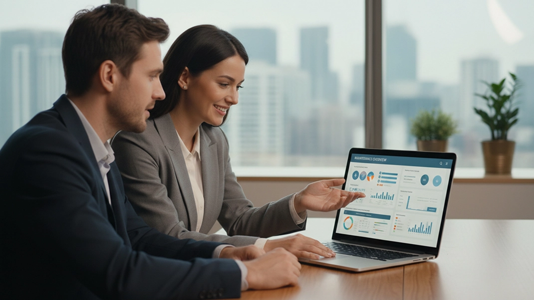 Business professionals analyzing data on a laptop in a modern office setting.