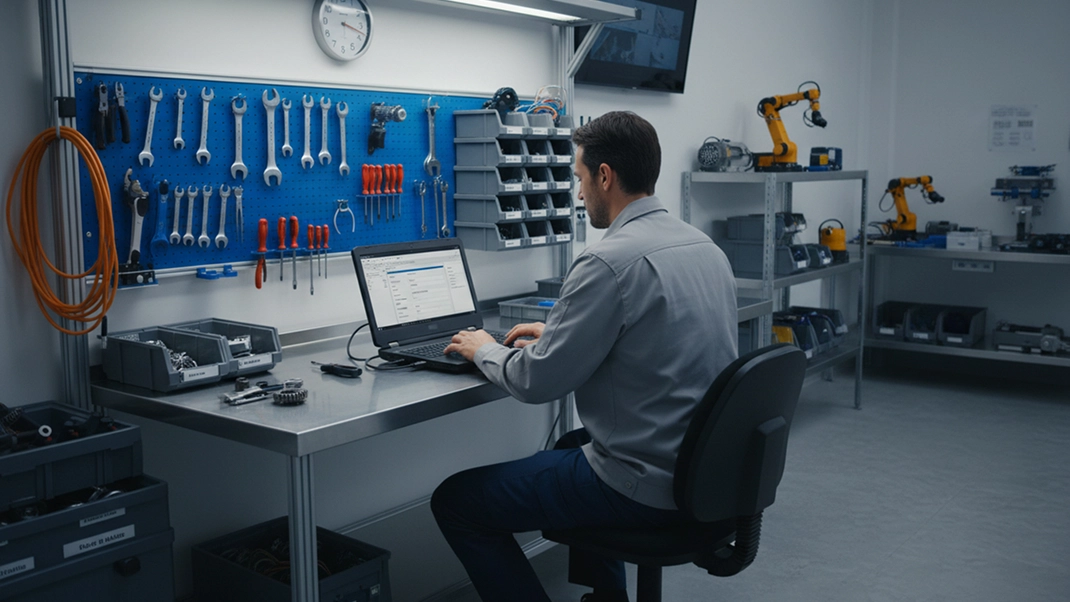 Technician working on a laptop in a workshop, surrounded by tools and robotic equipment.