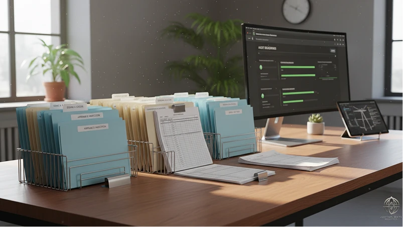 Organized office desk with file folders, documents, and computer showing audit data. Bright window light enhances clarity.
