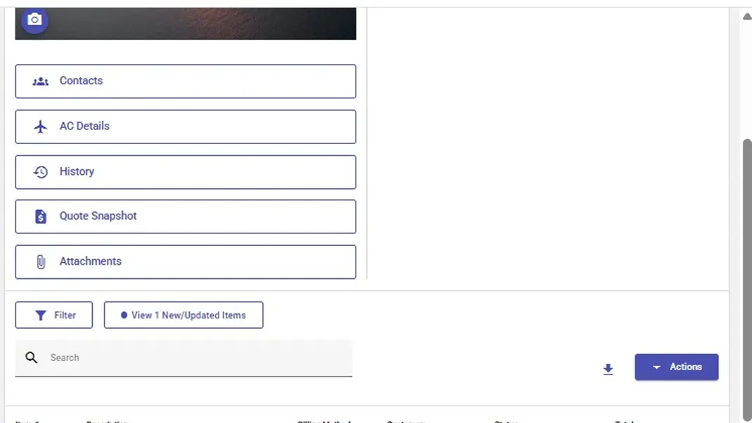 Dashboard interface with options for contacts, AC details, history, quote snapshot, attachments, filter, and search.
