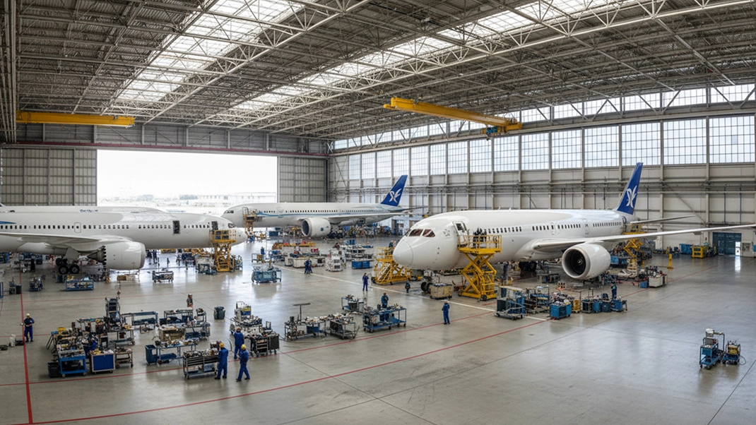 Airplane hangar with jets under maintenance, engineers working, spacious interior, well-lit, industrial setting.