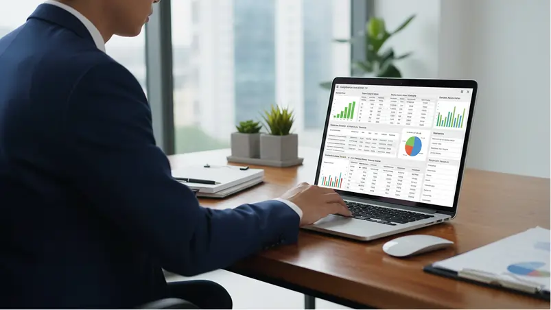 Business professional analyzing data charts on a laptop at a modern office desk.