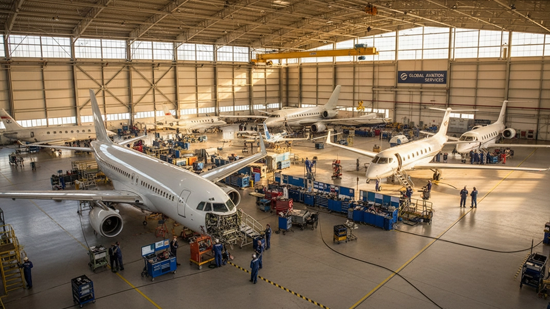 Hangar with multiple aircraft under maintenance, technicians working on engines, and equipment arranged in the spacious facility.
