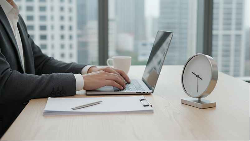 Business professional typing on laptop at desk with clock, notepad, and coffee cup in modern office setting.