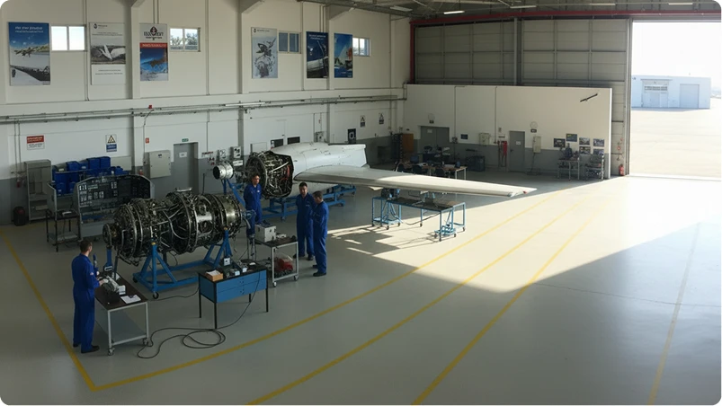Engineers working on airplane engines in a spacious hangar, showcasing aviation maintenance and expertise.