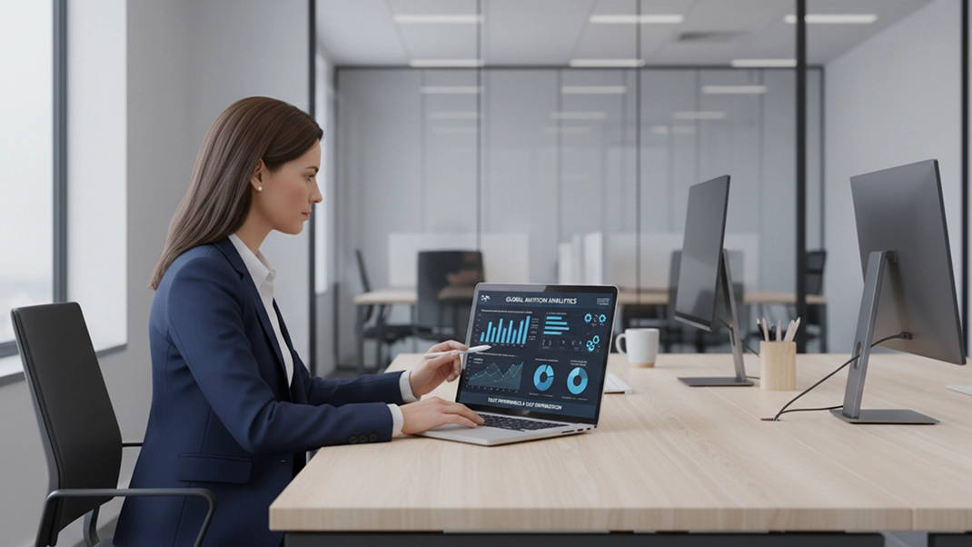 Businesswoman reviewing data analytics on laptop in modern office setting.