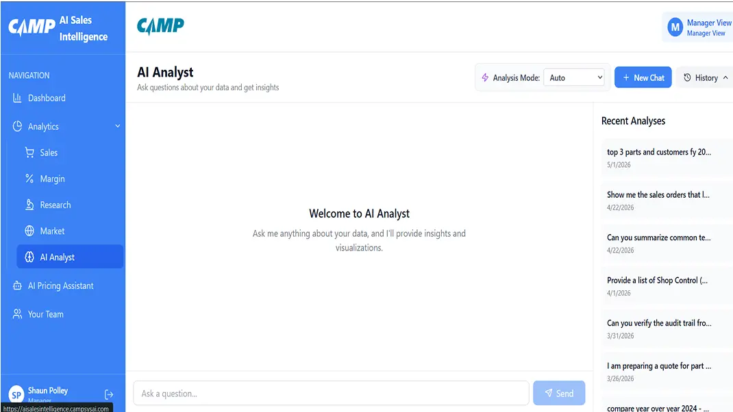 CAMP AI Analyst dashboard for data insights with recent analyses list and navigation menu on the side.