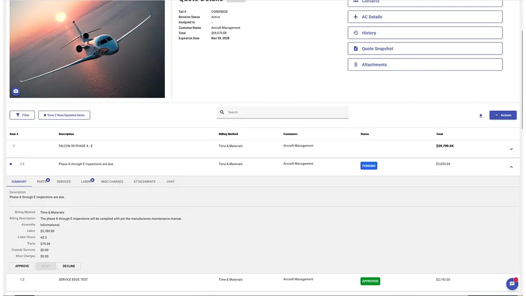 Aircraft inspection dashboard with Falcon 50 jet image, detailing phase inspections and cost breakdowns.