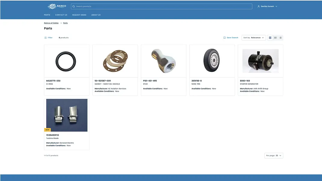 Online catalog displaying various aviation parts including O-ring, gasket, stud, nose tire, starter generator.