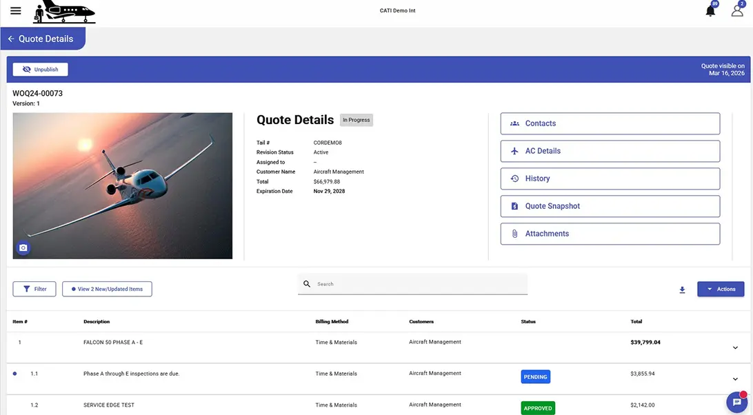 Aircraft management quote interface displaying details, service items, and a jet in flight at sunset.