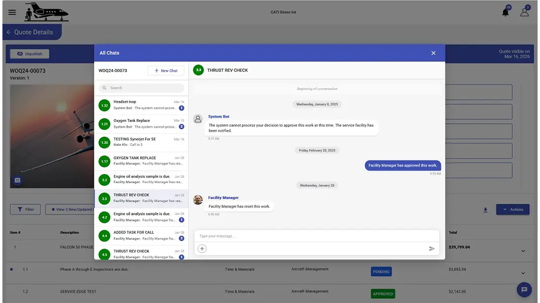 Aircraft maintenance software interface showing chat details and task approvals.