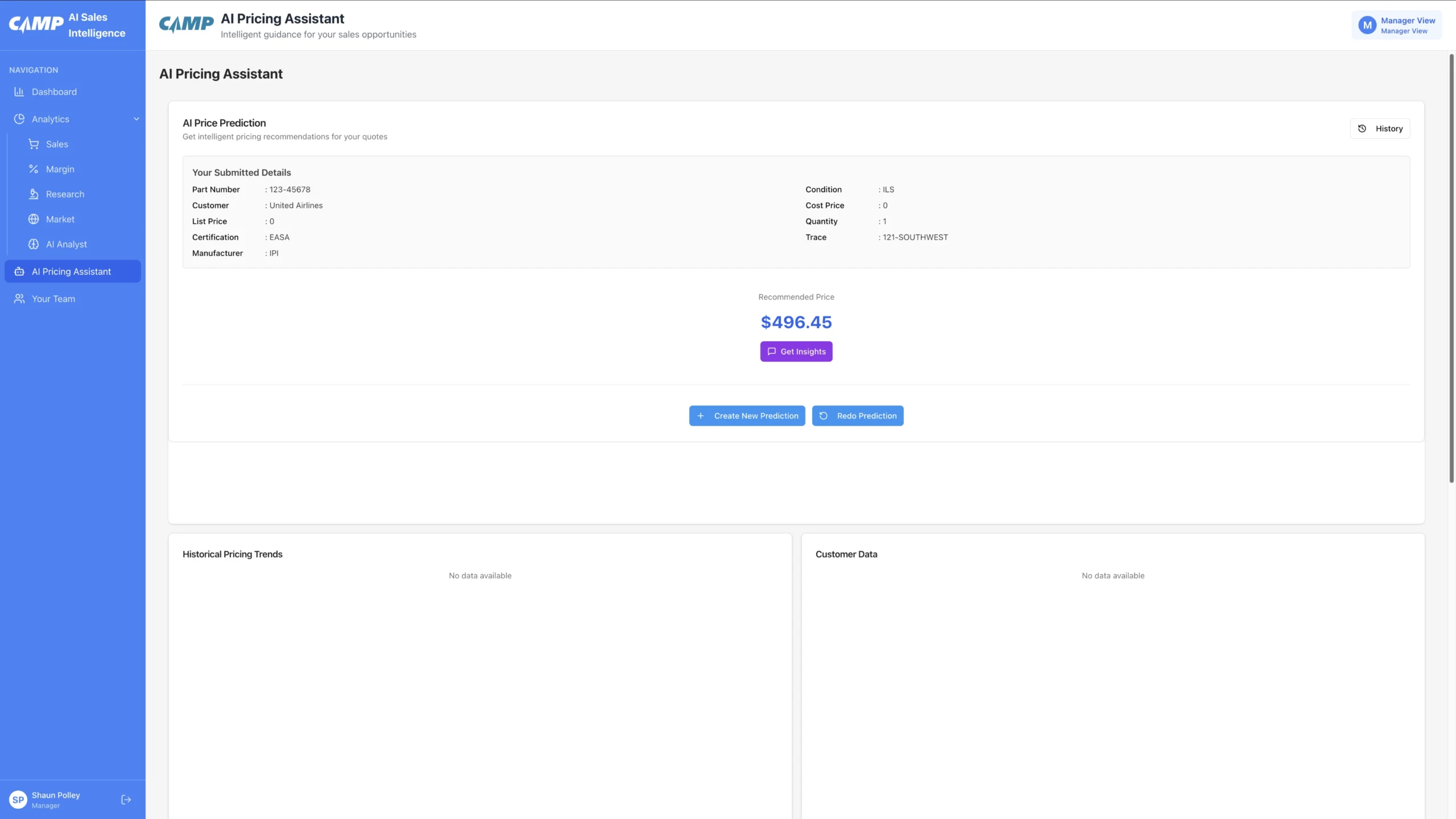 AI Pricing Assistant dashboard with recommended price of $496.45, includes navigation and input details