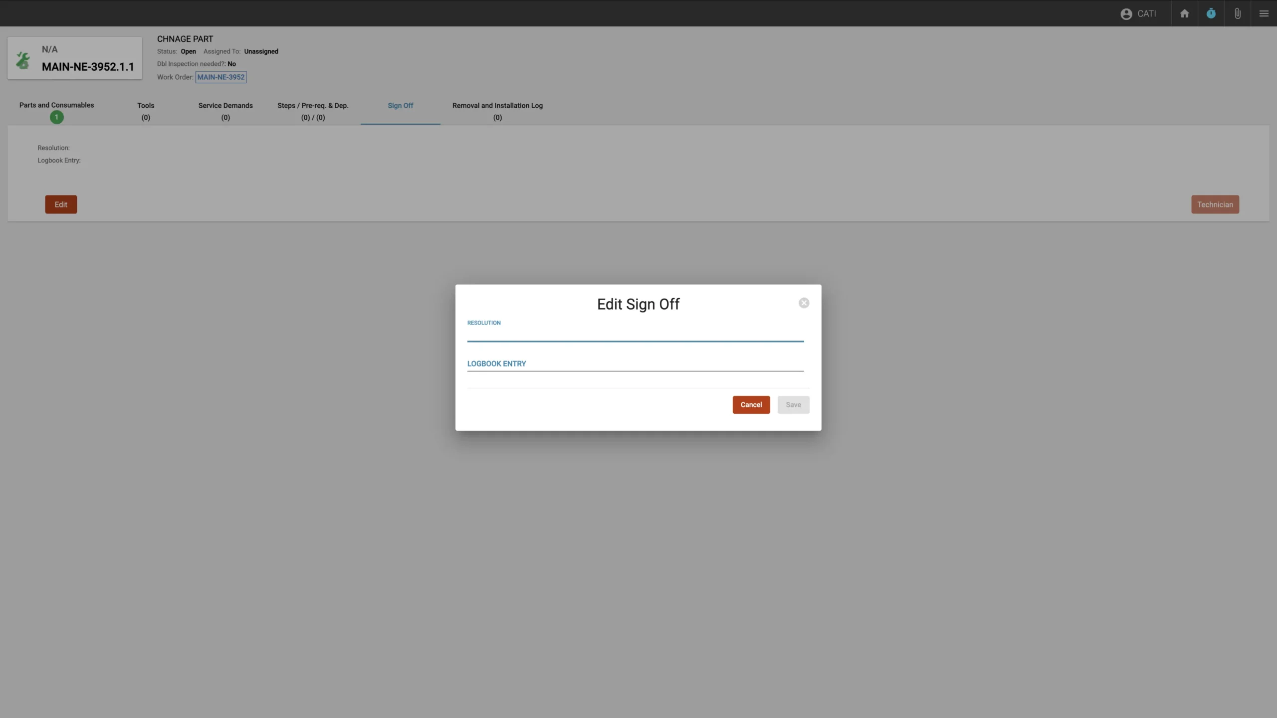 Edit Sign Off interface with fields for resolution, logbook entry, and buttons to save or cancel changes