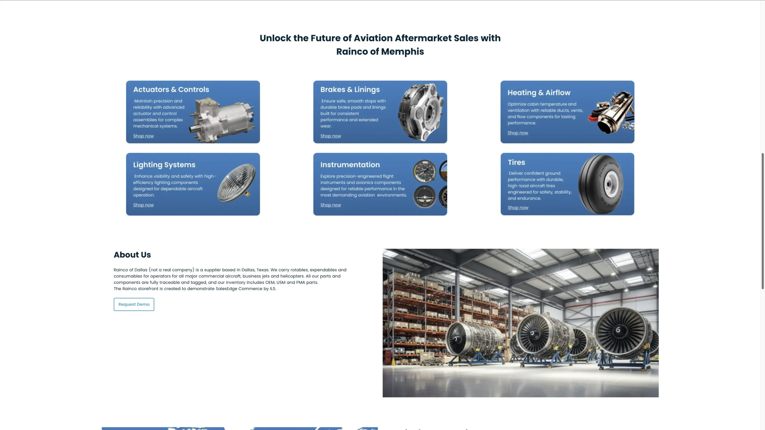 Explore aviation aftermarket products: actuators, brakes, lighting, instruments, heating, tires, and more in a warehouse
