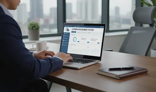 Person using a laptop with a Learning Management System interface in a modern office setting.
