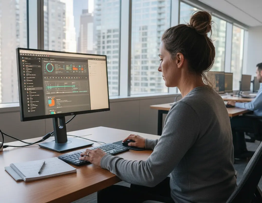 Woman working at a computer with data analytics on screen in a modern office setting.