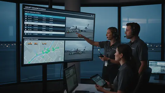 Control room operators manage airport logistics with real-time data displays on large screens.
