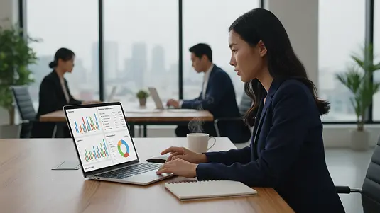 Professional woman analyzing data on laptop in modern office with colleagues working in background.