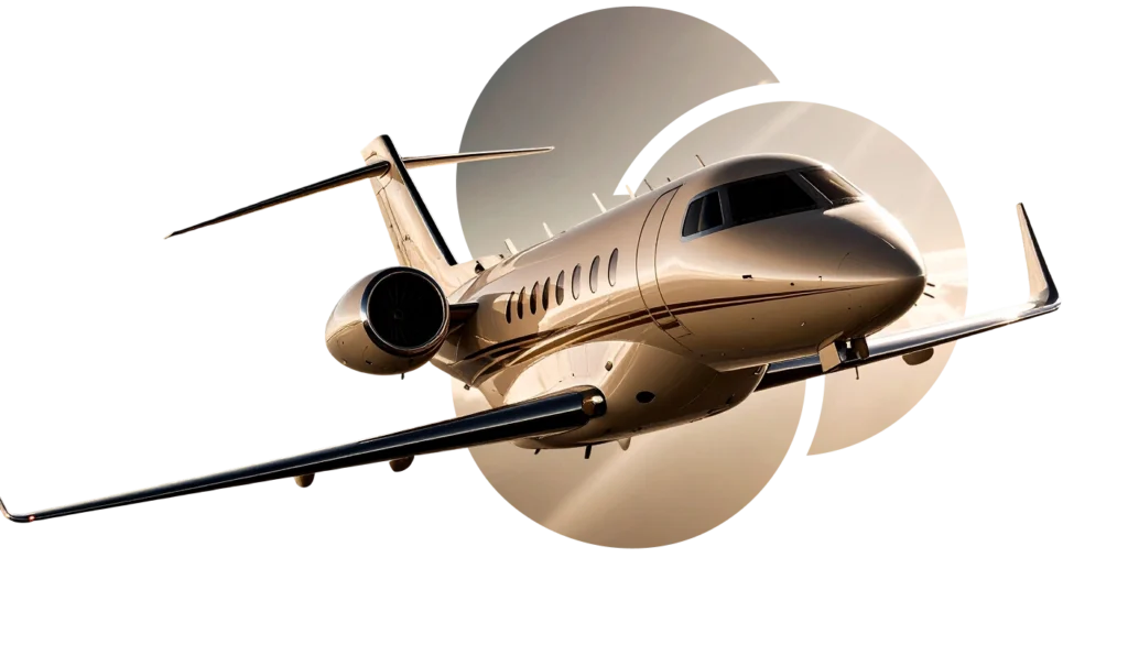 Luxurious private jet flying in sunlight, showcasing sleek design and elegance above the clouds.