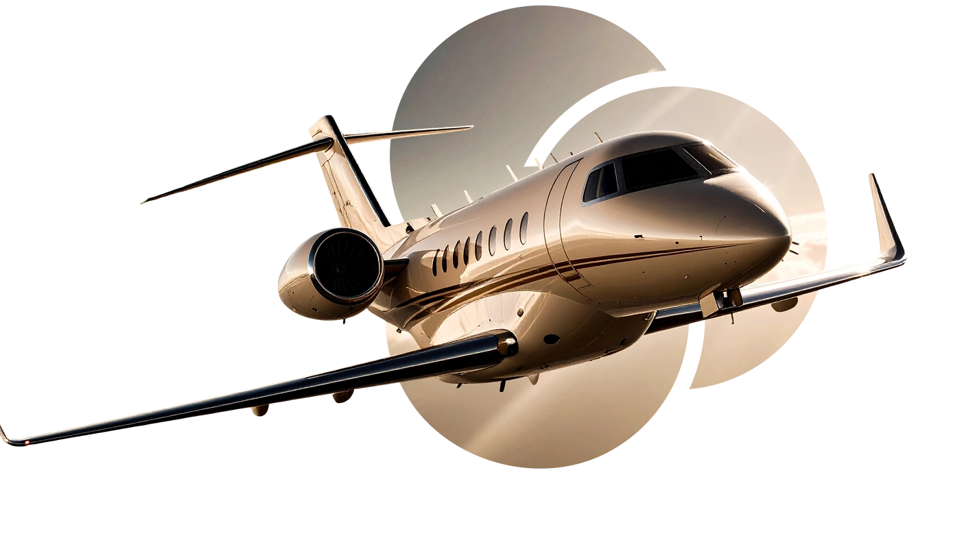 Luxurious private jet flying in sunlight, showcasing sleek design and elegance above the clouds.