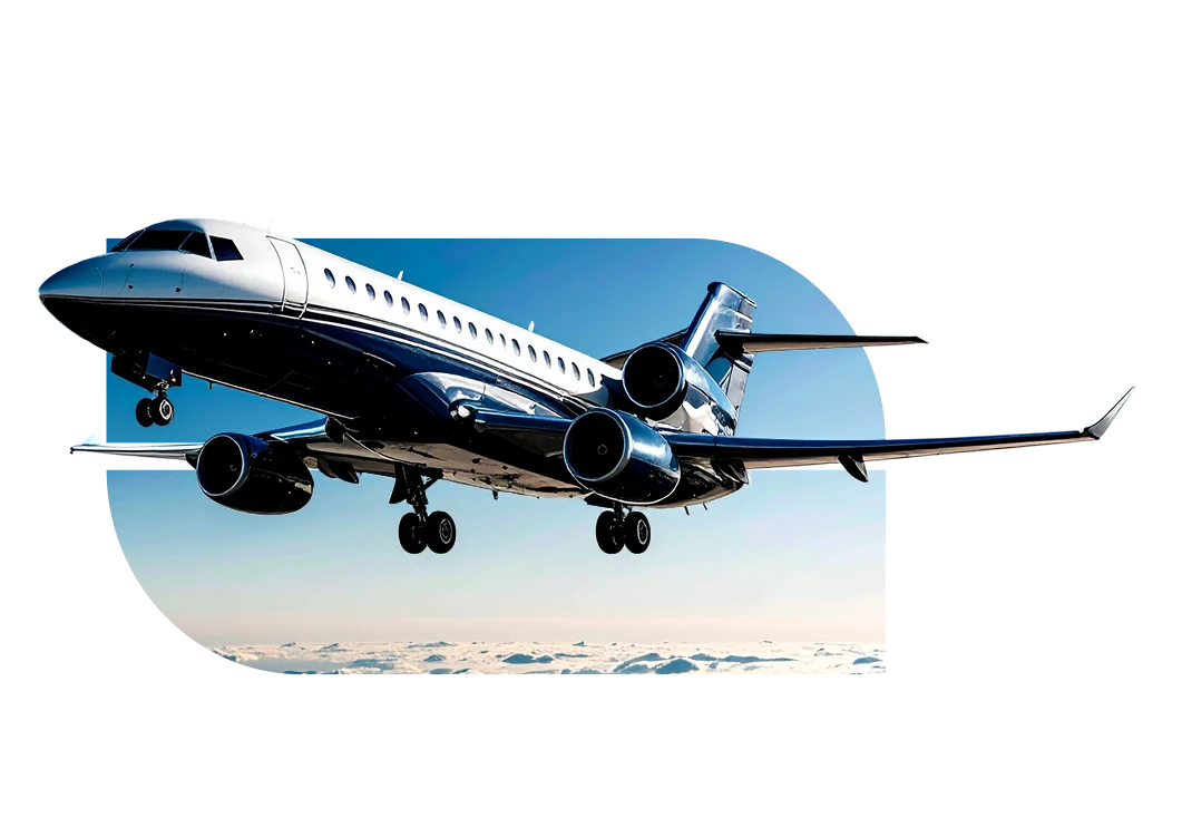 Private jet in flight against a clear sky, showcasing luxury air travel above the clouds.