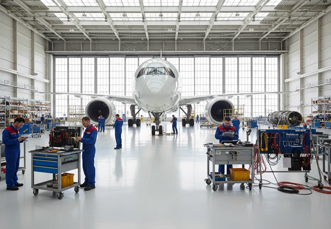 Technicians working on aircraft maintenance in a spacious hangar.