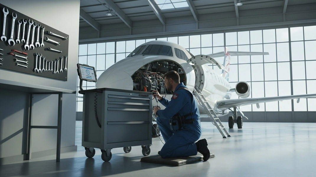 Aircraft engineer performing maintenance on jet engine in hangar with tools and equipment nearby.