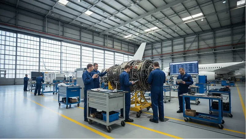 Aircraft technicians working on jet engine maintenance in a spacious hangar.