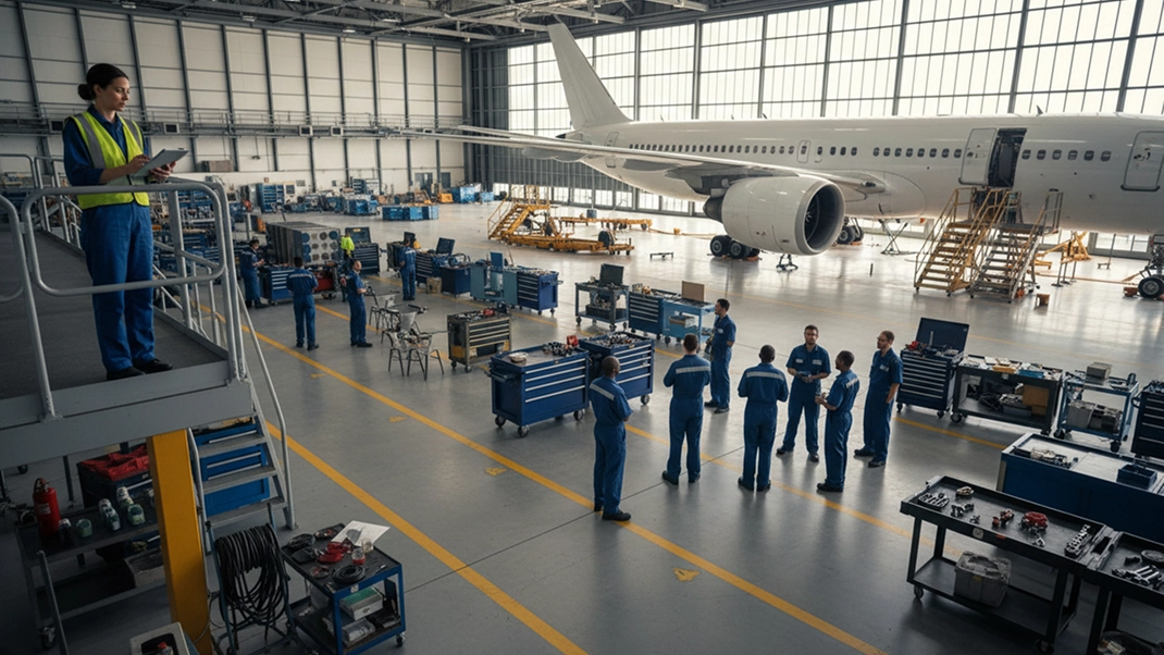 Aircraft maintenance team working in a spacious hangar with a large airplane and equipment stations.