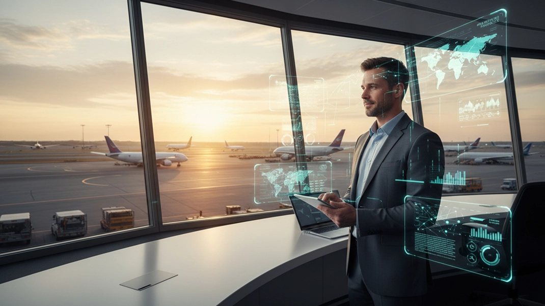 Businessman analyzing data on tablet at airport terminal with planes in the background, digital graphs overlaid.