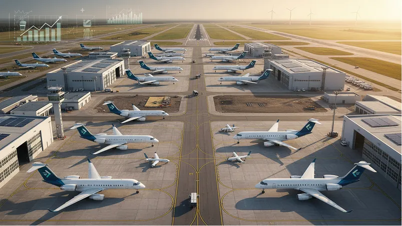 Airport scene with multiple airplanes on tarmac, airport buildings, and wind turbines in the background during daytime.