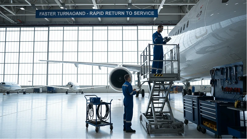 Technicians performing maintenance on an airplane in a hangar, ensuring faster turnaround and rapid service return.